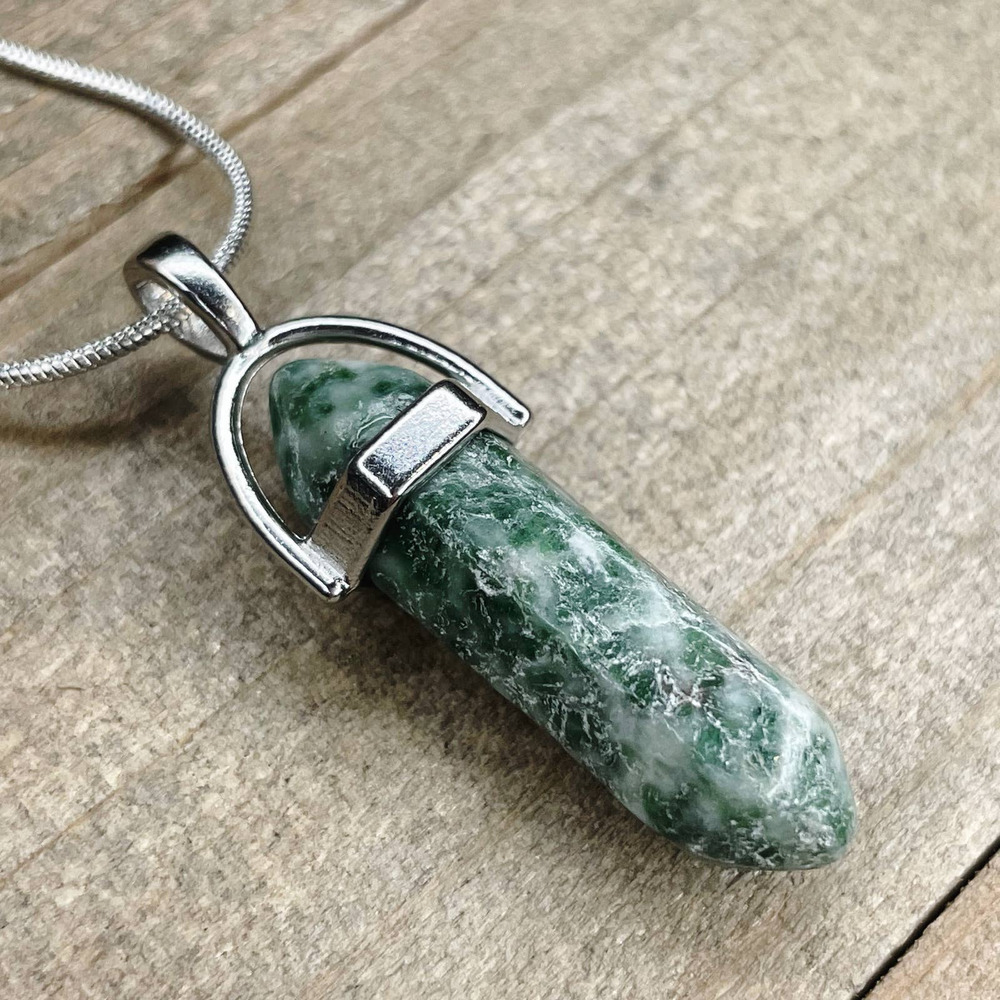 Tree Agate Crystal Necklace on 18" Silver Snake Chain #121